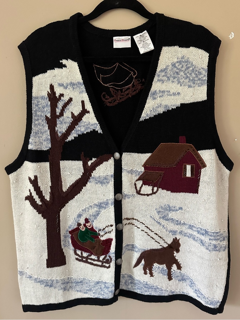 Vintage Bobbie Brooks Winter Horse Sleigh Christmas Sweater Vest Beaded XL